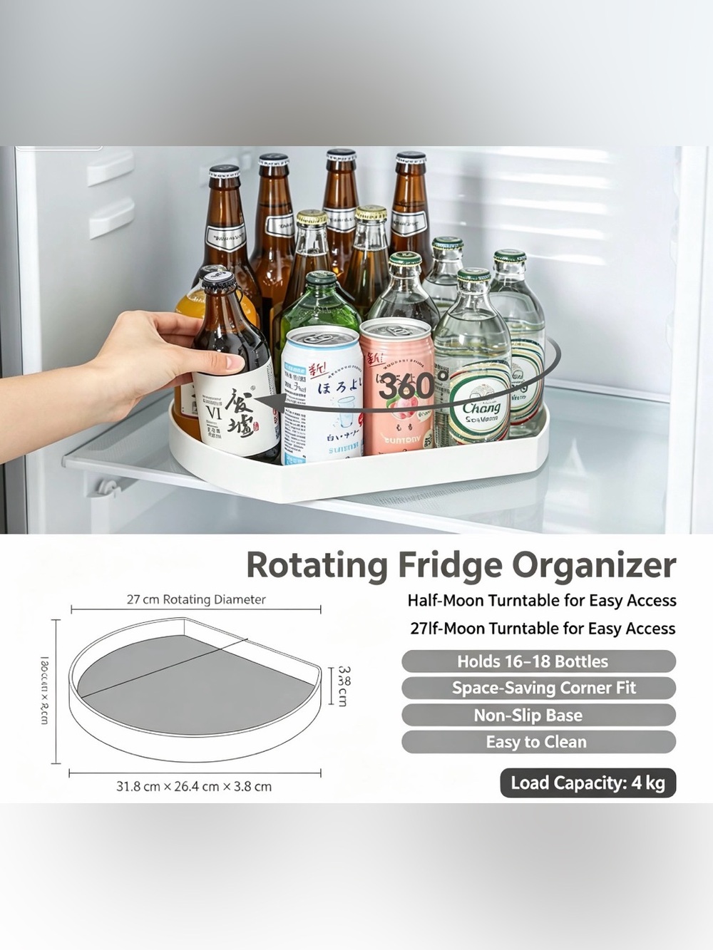 Half-Moon Rotating Fridge Organizer Tray - White